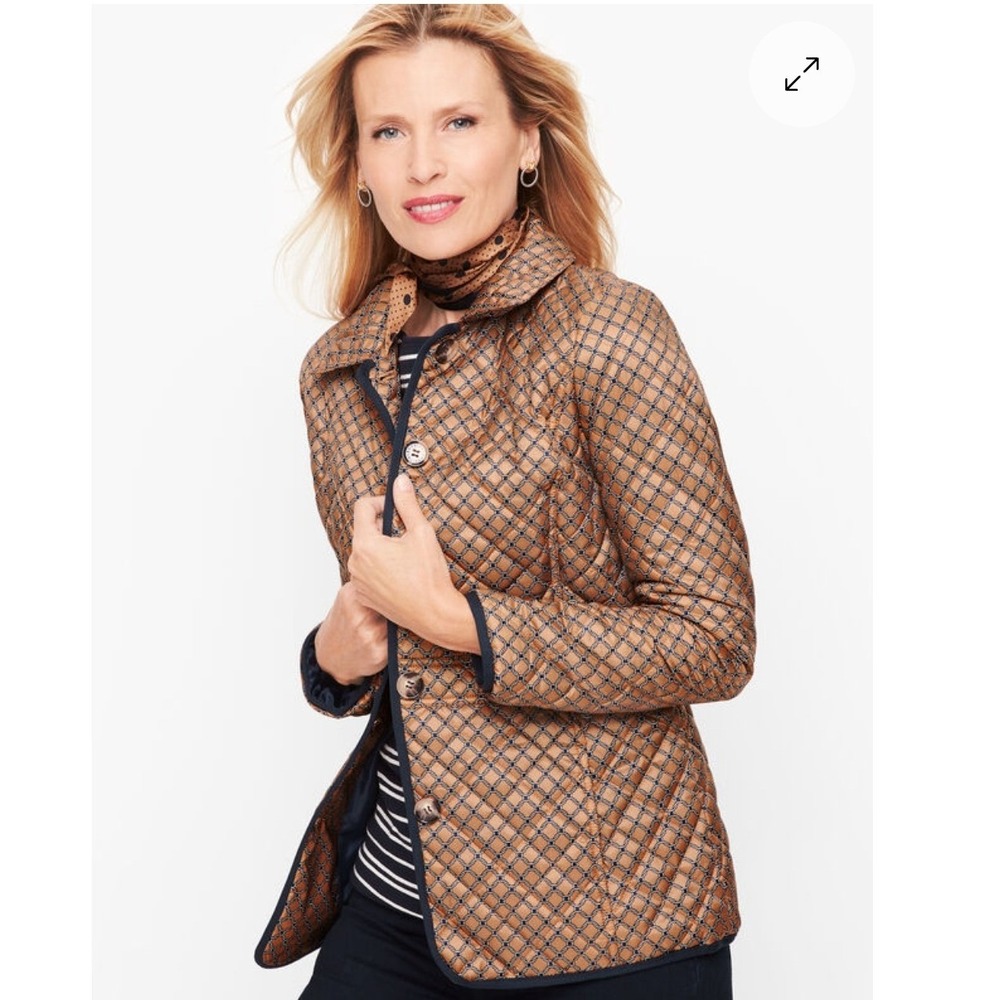 Talbots Womens XL Quilted Barn Jacket Geometric Chain Link Tan Navy Blue Button